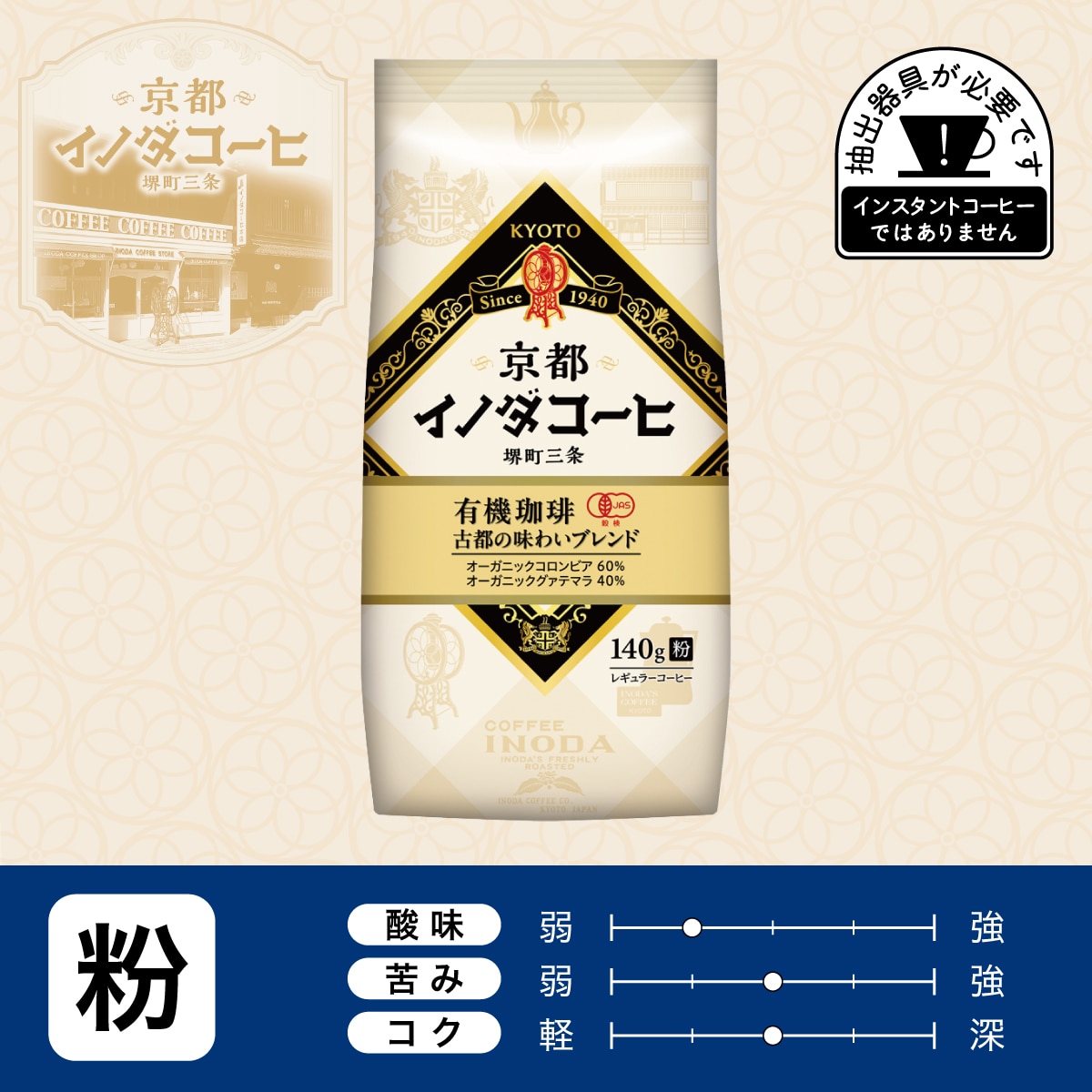 京都イノダコーヒ 有機珈琲 古都の味わいブレンド 粉 140g ×1個