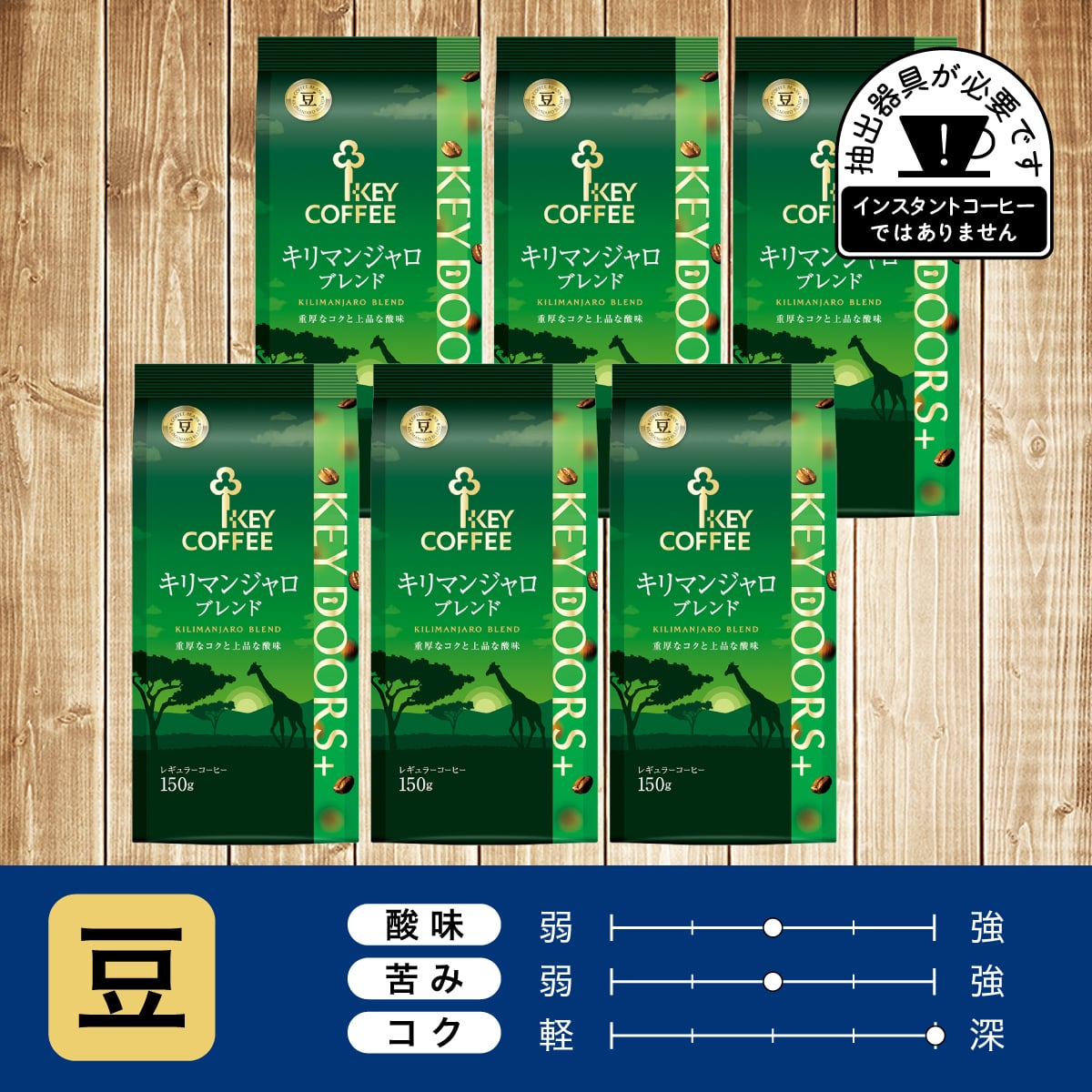 KEY DOORS+ キリマンジャロブレンド　豆 150g × 6個