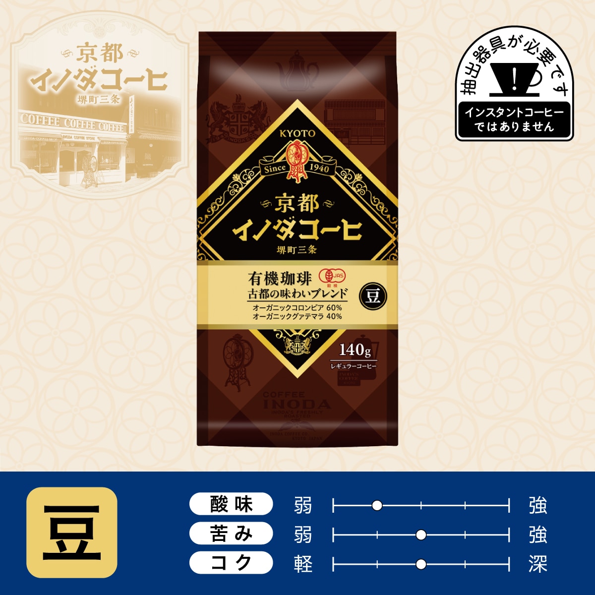京都イノダコーヒ 有機珈琲 古都の味わいブレンド 豆 140g ×1個